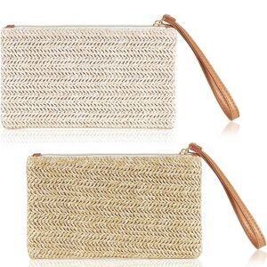 NEW 2 Pieces Straw Clutch Purse Summer Beach Straw Bag Bohemian Wristlet Bag